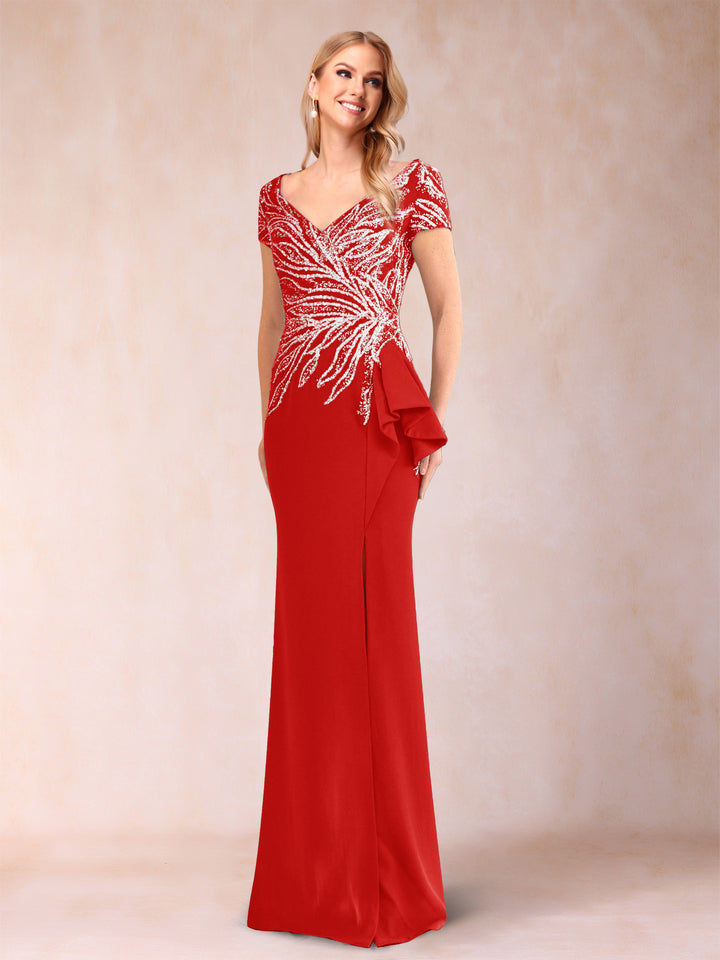 Sheath/Column V-Neck Floor-Length Short Sleeves Mother of the Bride Dresses with Sequins &amp; Split Side