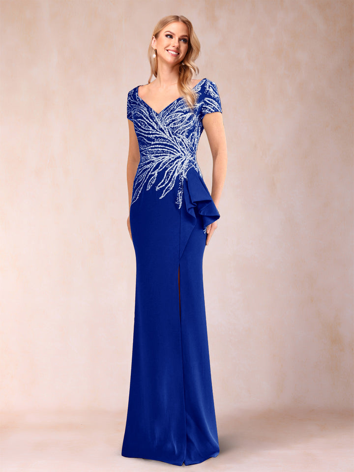 Sheath/Column V-Neck Floor-Length Short Sleeves Mother of the Bride Dresses with Sequins &amp; Split Side