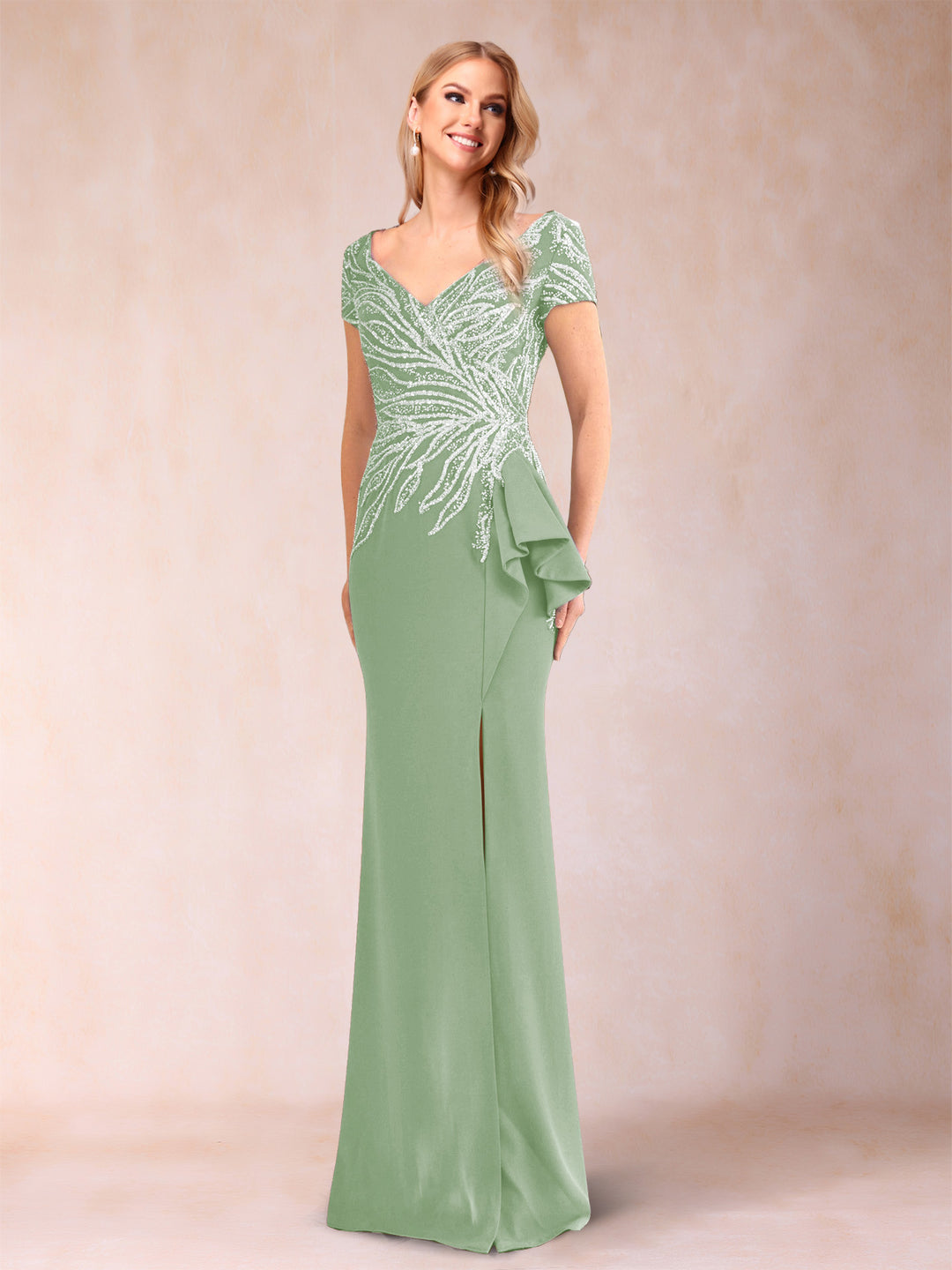 Sheath/Column V-Neck Floor-Length Short Sleeves Mother of the Bride Dresses with Sequins &amp; Split Side