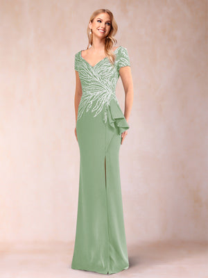 Sheath/Column V-Neck Floor-Length Short Sleeves Mother of the Bride Dresses with Sequins & Split Side