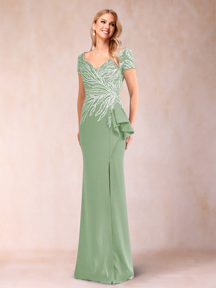 Sheath/Column V-Neck Floor-Length Short Sleeves Mother of the Bride Dresses with Sequins &amp; Split Side