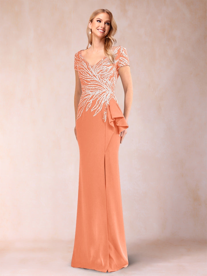 Sheath/Column V-Neck Floor-Length Short Sleeves Mother of the Bride Dresses with Sequins &amp; Split Side