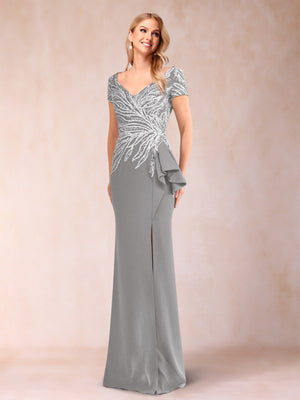 Sheath/Column V-Neck Floor-Length Short Sleeves Mother of the Bride Dresses with Sequins & Split Side