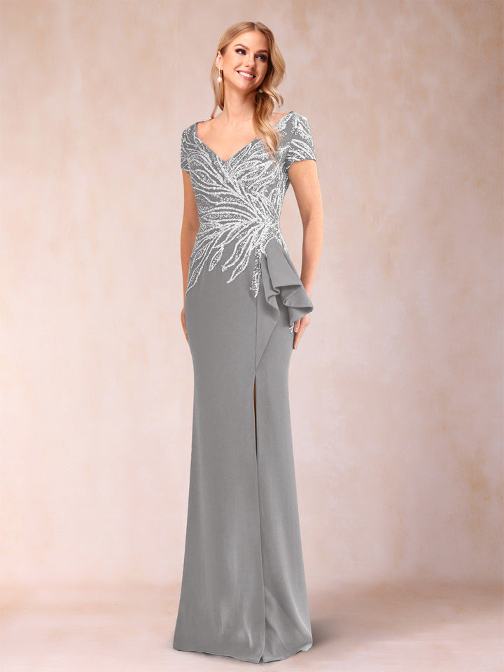 Sheath/Column V-Neck Floor-Length Short Sleeves Mother of the Bride Dresses with Sequins &amp; Split Side