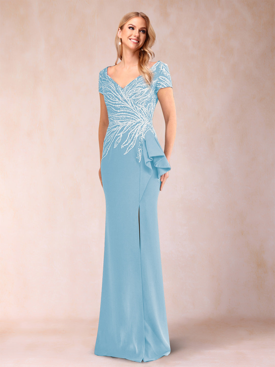 Sheath/Column V-Neck Floor-Length Short Sleeves Mother of the Bride Dresses with Sequins &amp; Split Side