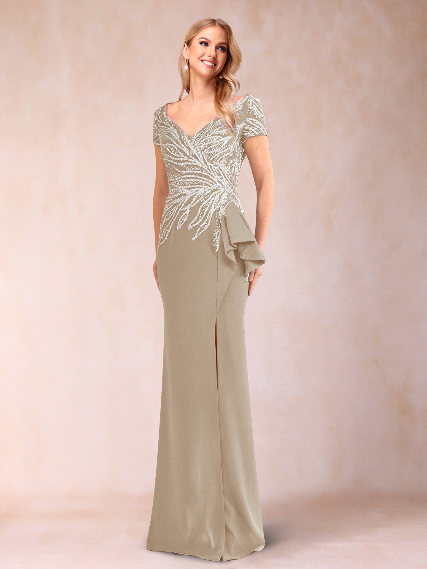 Sheath/Column V-Neck Floor-Length Short Sleeves Mother of the Bride Dresses with Sequins & Split Side