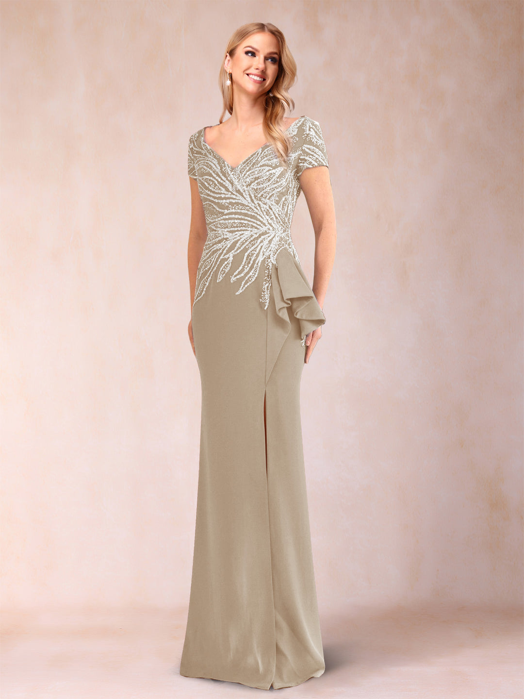 Sheath/Column V-Neck Floor-Length Short Sleeves Mother of the Bride Dresses with Sequins &amp; Split Side