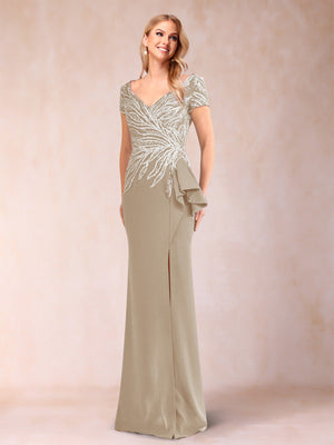 Sheath/Column V-Neck Floor-Length Short Sleeves Mother of the Bride Dresses with Sequins & Split Side