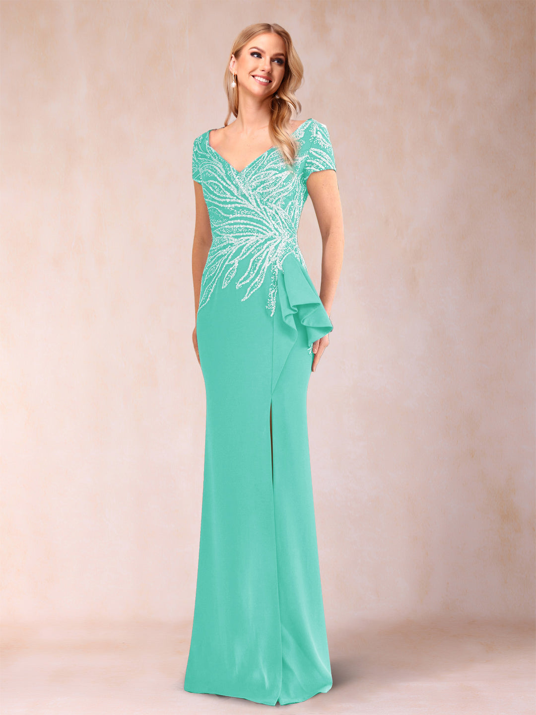 Sheath/Column V-Neck Floor-Length Short Sleeves Mother of the Bride Dresses with Sequins &amp; Split Side