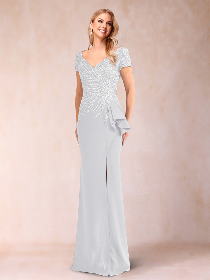 Sheath/Column V-Neck Floor-Length Short Sleeves Mother of the Bride Dresses with Sequins &amp; Split Side