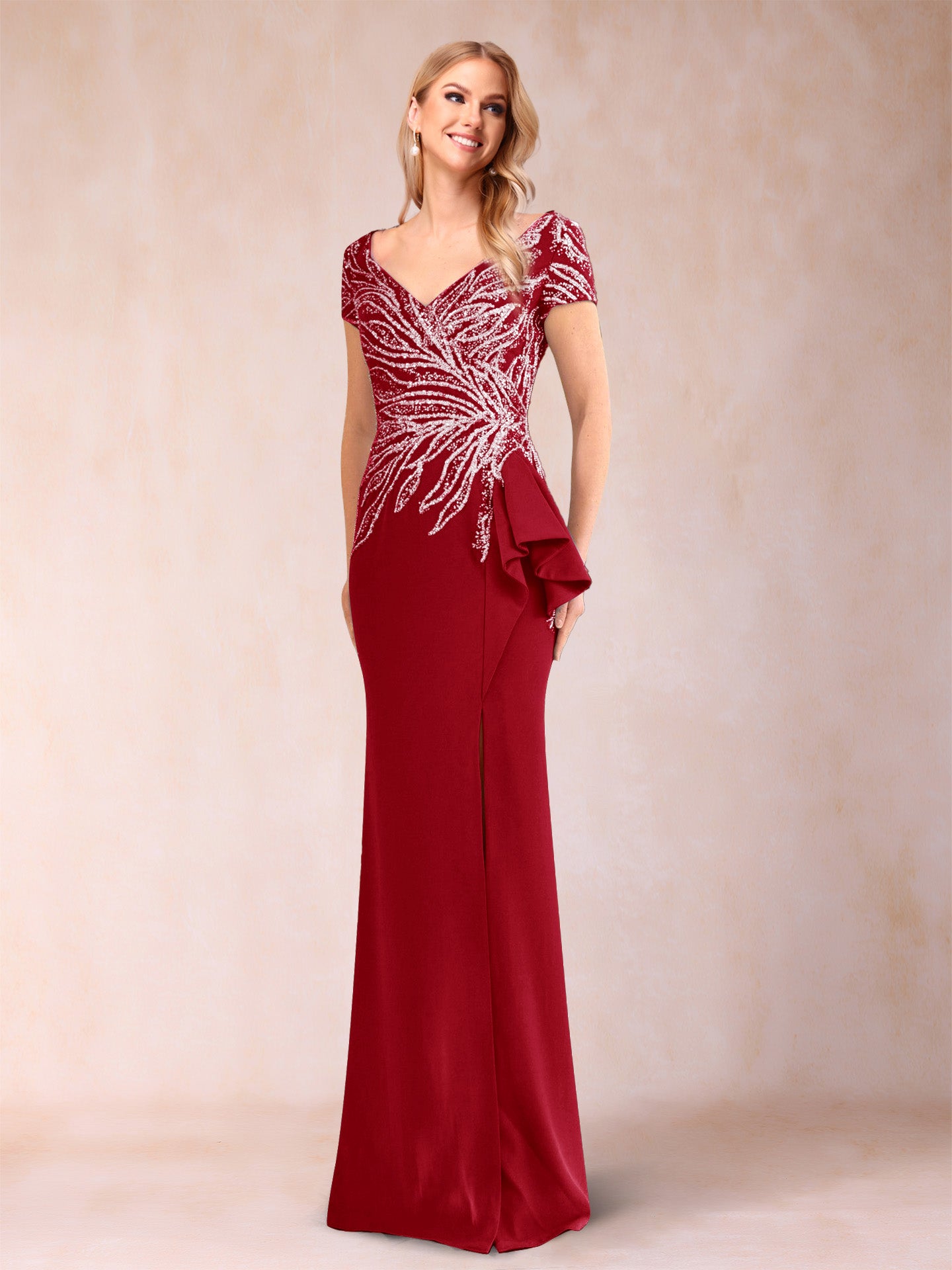 Sheath/Column V-Neck Floor-Length Short Sleeves Mother of the Bride Dresses with Sequins & Split Side
