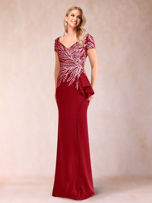 Sheath/Column V-Neck Floor-Length Short Sleeves Mother of the Bride Dresses with Sequins & Split Side