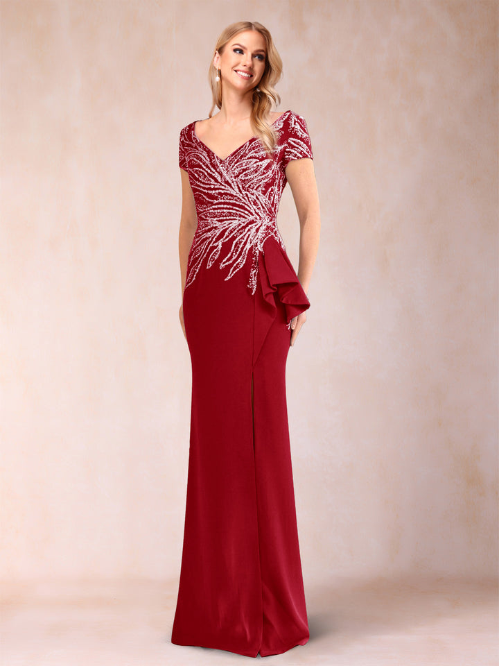 Sheath/Column V-Neck Floor-Length Short Sleeves Mother of the Bride Dresses with Sequins &amp; Split Side