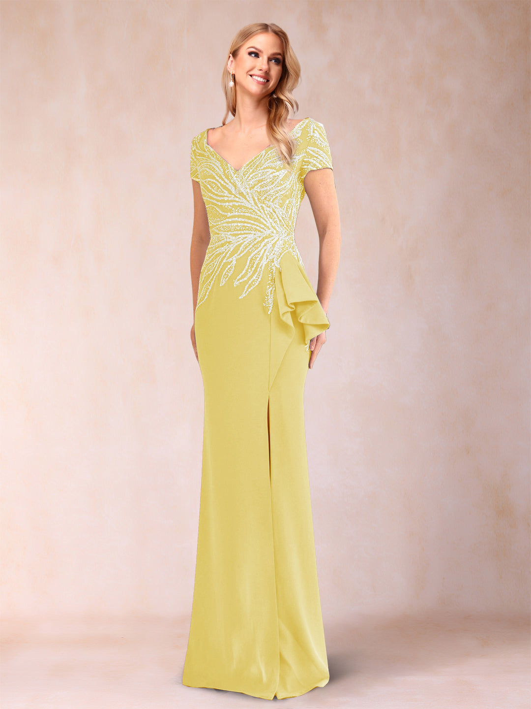 Sheath/Column V-Neck Floor-Length Short Sleeves Mother of the Bride Dresses with Sequins &amp; Split Side