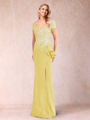 Sheath/Column V-Neck Floor-Length Short Sleeves Mother of the Bride Dresses with Sequins & Split Side