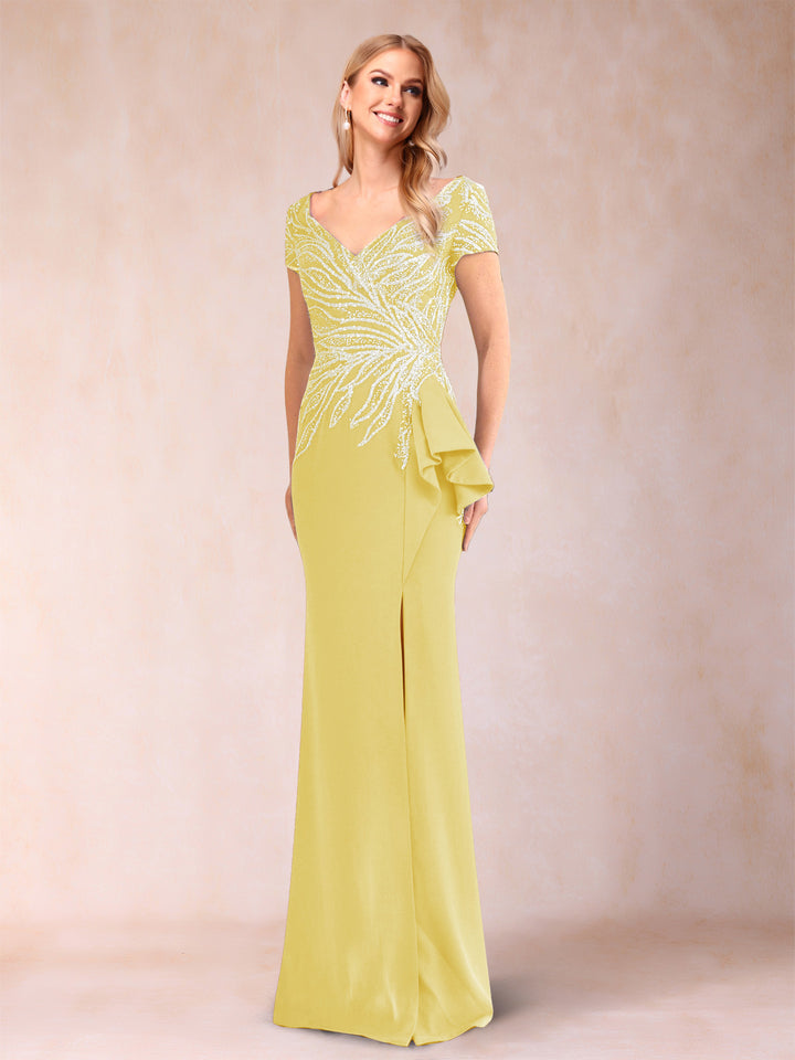 Sheath/Column V-Neck Floor-Length Short Sleeves Mother of the Bride Dresses with Sequins &amp; Split Side