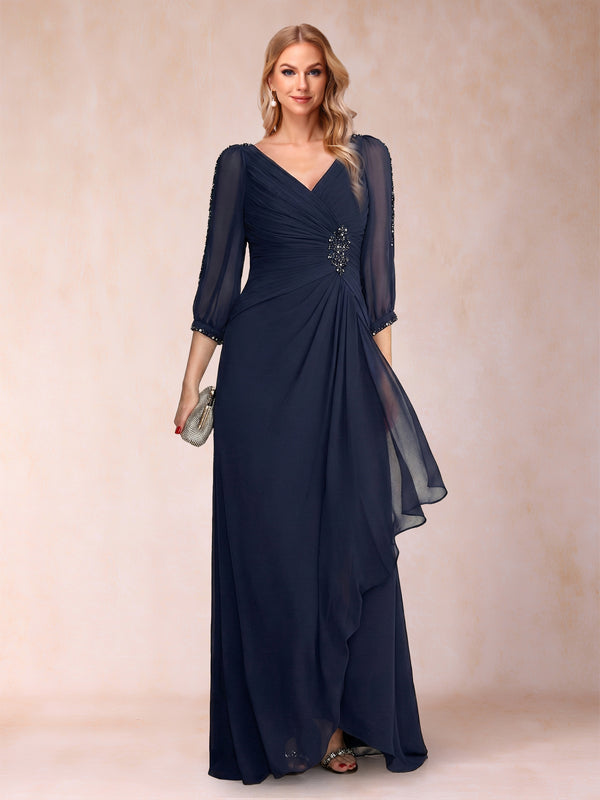 A-Line/Princess V-Neck 3/4 Sleeves Floor-Length Mother of the Bride Dresses with Ruched & Beading
