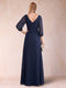 A-Line/Princess V-Neck 3/4 Sleeves Floor-Length Mother of the Bride Dresses with Ruched & Beading
