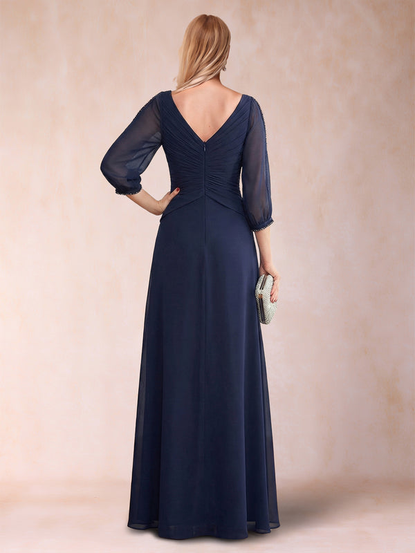 A-Line/Princess V-Neck 3/4 Sleeves Floor-Length Mother of the Bride Dresses with Ruched & Beading