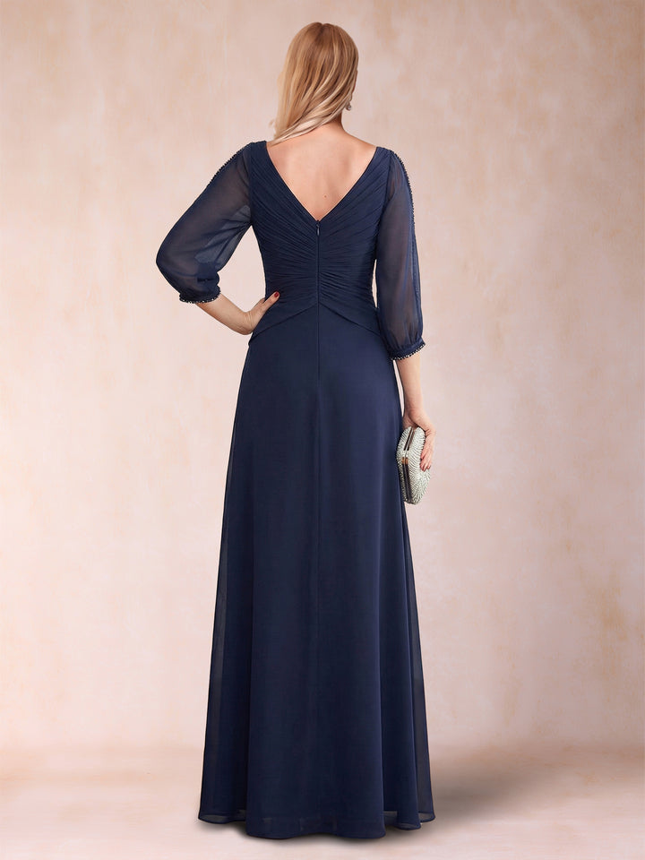 A-Line/Princess V-Neck 3/4 Sleeves Floor-Length Mother of the Bride Dresses with Ruched &amp; Beading