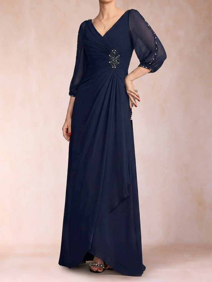 A-Line/Princess V-Neck 3/4 Sleeves Floor-Length Mother of the Bride Dresses with Ruched &amp; Beading