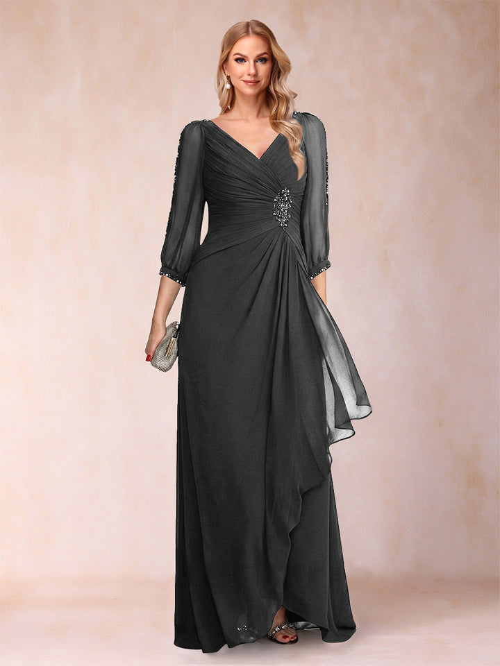 A-Line/Princess V-Neck 3/4 Sleeves Floor-Length Mother of the Bride Dresses with Ruched &amp; Beading