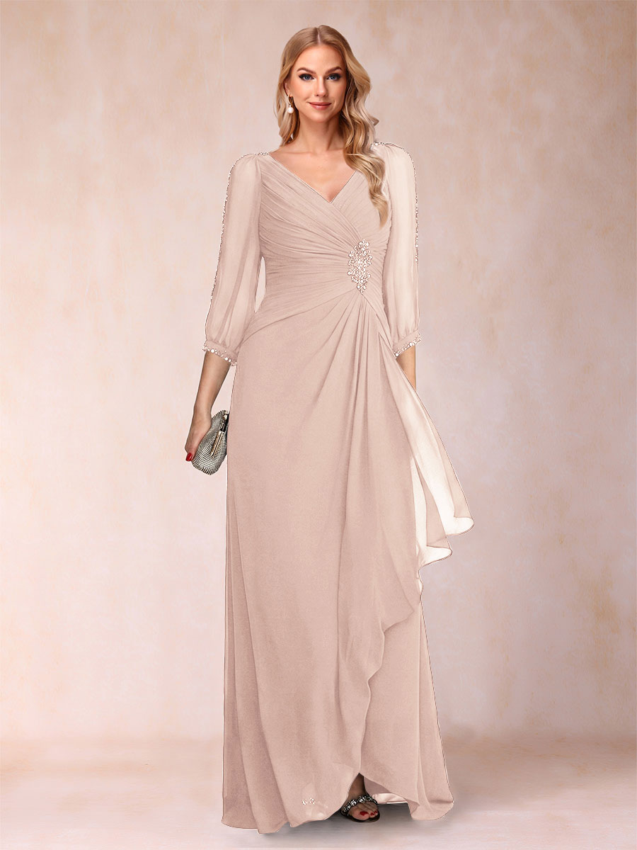 A-Line/Princess V-Neck 3/4 Sleeves Floor-Length Mother of the Bride Dresses with Ruched &amp; Beading