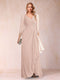A-Line/Princess V-Neck 3/4 Sleeves Floor-Length Mother of the Bride Dresses with Ruched & Beading