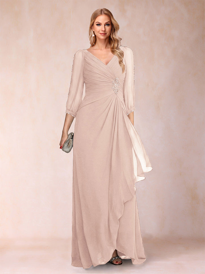 A-Line/Princess V-Neck 3/4 Sleeves Floor-Length Mother of the Bride Dresses with Ruched &amp; Beading