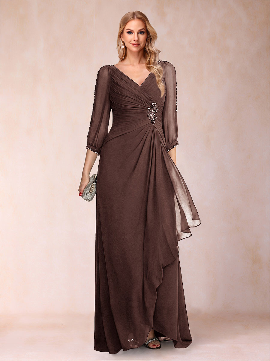A-Line/Princess V-Neck 3/4 Sleeves Floor-Length Mother of the Bride Dresses with Ruched &amp; Beading