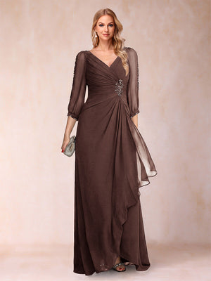A-Line/Princess V-Neck 3/4 Sleeves Floor-Length Mother of the Bride Dresses with Ruched & Beading