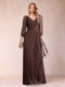 A-Line/Princess V-Neck 3/4 Sleeves Floor-Length Mother of the Bride Dresses with Ruched & Beading