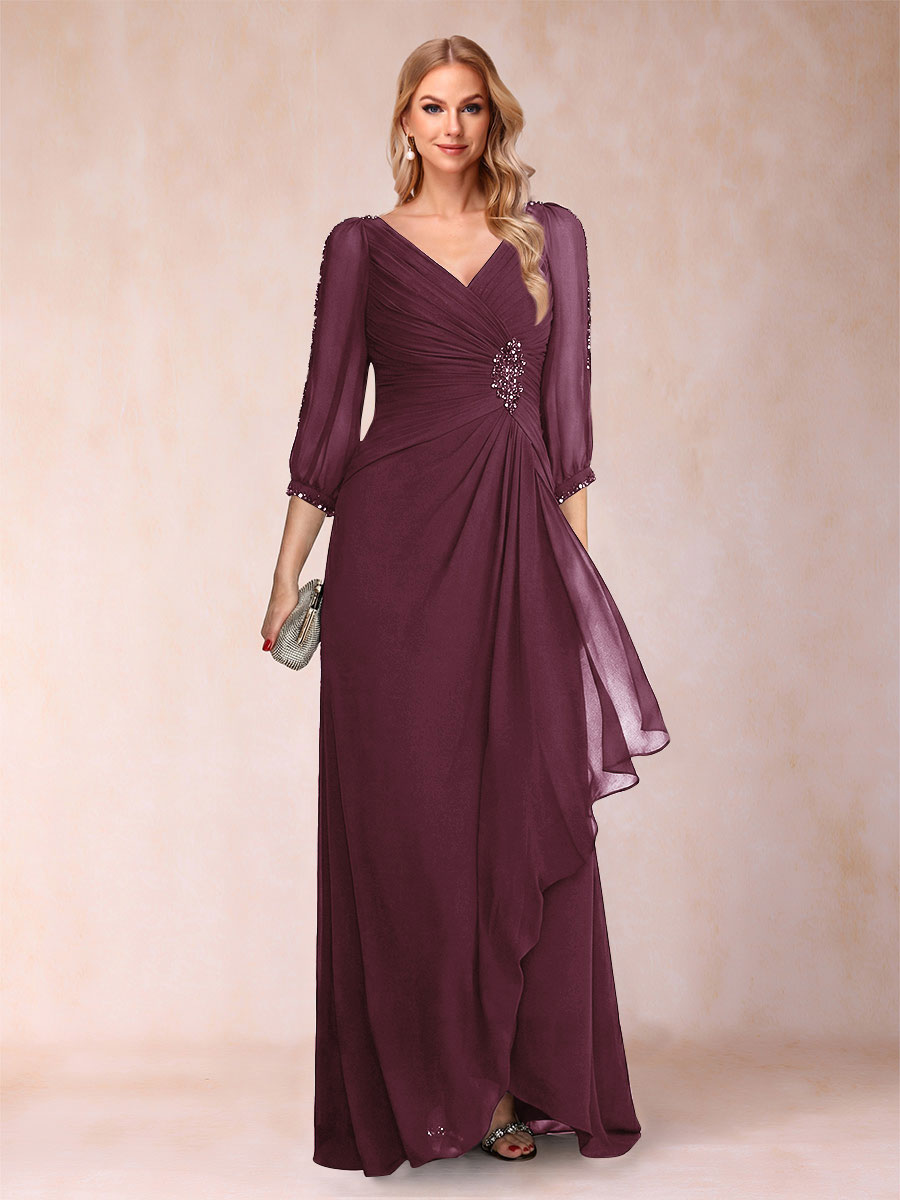 A-Line/Princess V-Neck 3/4 Sleeves Floor-Length Mother of the Bride Dresses with Ruched &amp; Beading