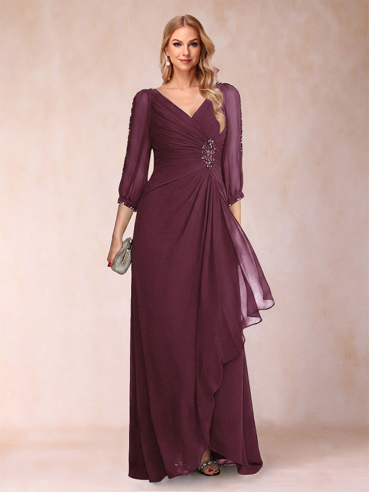 A-Line/Princess V-Neck 3/4 Sleeves Floor-Length Mother of the Bride Dresses with Ruched &amp; Beading