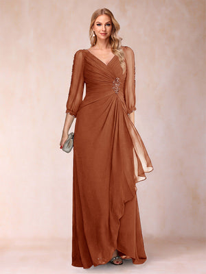 A-Line/Princess V-Neck 3/4 Sleeves Floor-Length Mother of the Bride Dresses with Ruched & Beading