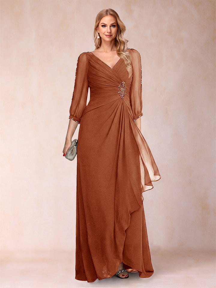 A-Line/Princess V-Neck 3/4 Sleeves Floor-Length Mother of the Bride Dresses with Ruched &amp; Beading