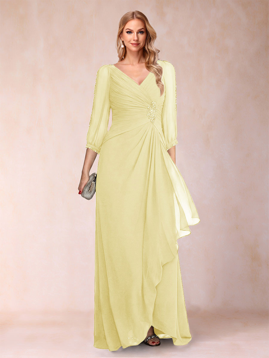 A-Line/Princess V-Neck 3/4 Sleeves Floor-Length Mother of the Bride Dresses with Ruched &amp; Beading