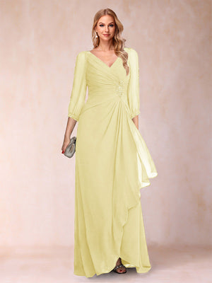 A-Line/Princess V-Neck 3/4 Sleeves Floor-Length Mother of the Bride Dresses with Ruched & Beading