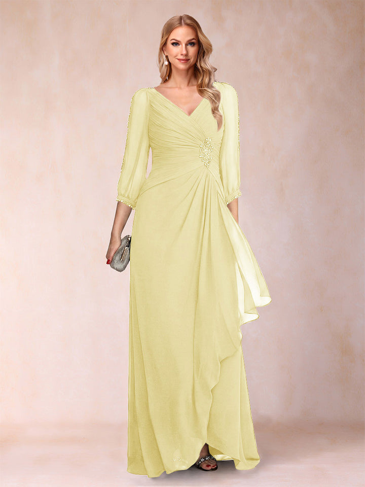 A-Line/Princess V-Neck 3/4 Sleeves Floor-Length Mother of the Bride Dresses with Ruched &amp; Beading