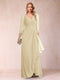A-Line/Princess V-Neck 3/4 Sleeves Floor-Length Mother of the Bride Dresses with Ruched & Beading