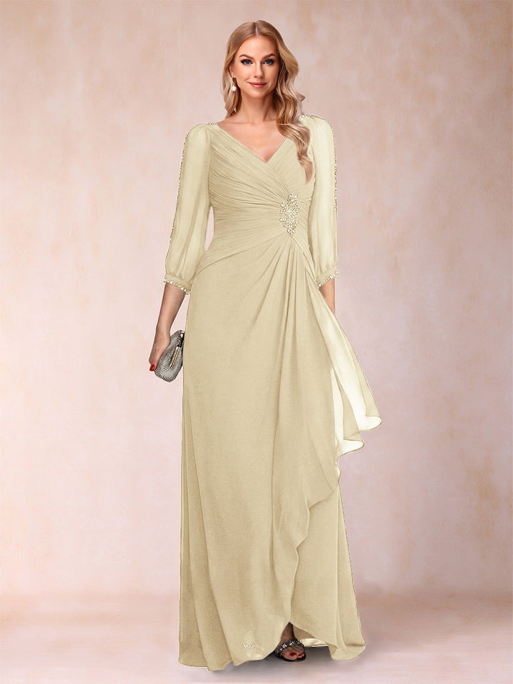 A-Line/Princess V-Neck 3/4 Sleeves Floor-Length Mother of the Bride Dresses with Ruched &amp; Beading