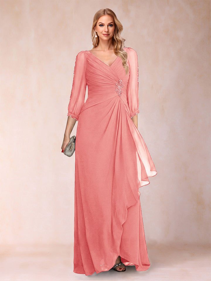 A-Line/Princess V-Neck 3/4 Sleeves Floor-Length Mother of the Bride Dresses with Ruched &amp; Beading