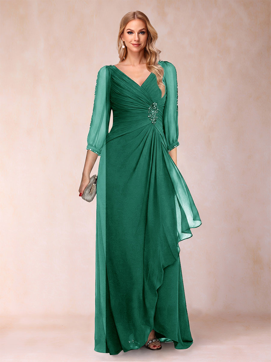 A-Line/Princess V-Neck 3/4 Sleeves Floor-Length Mother of the Bride Dresses with Ruched &amp; Beading