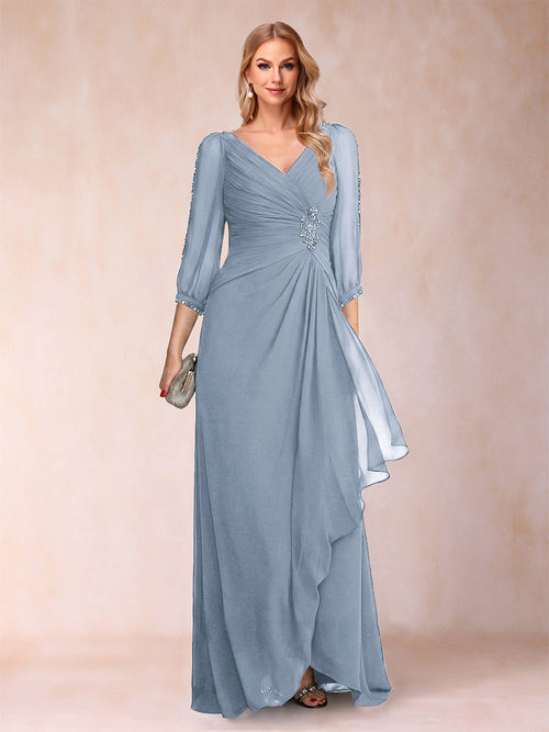 A-Line/Princess V-Neck 3/4 Sleeves Floor-Length Mother of the Bride Dresses with Ruched & Beading