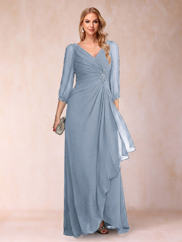 A-Line/Princess V-Neck 3/4 Sleeves Floor-Length Mother of the Bride Dresses with Ruched &amp; Beading