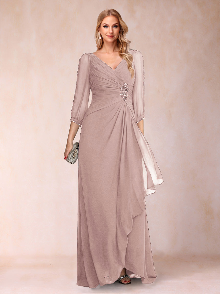 A-Line/Princess V-Neck 3/4 Sleeves Floor-Length Mother of the Bride Dresses with Ruched &amp; Beading