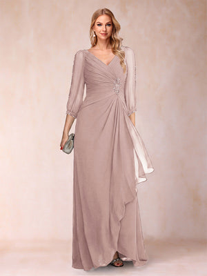 A-Line/Princess V-Neck 3/4 Sleeves Floor-Length Mother of the Bride Dresses with Ruched & Beading