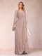 A-Line/Princess V-Neck 3/4 Sleeves Floor-Length Mother of the Bride Dresses with Ruched & Beading