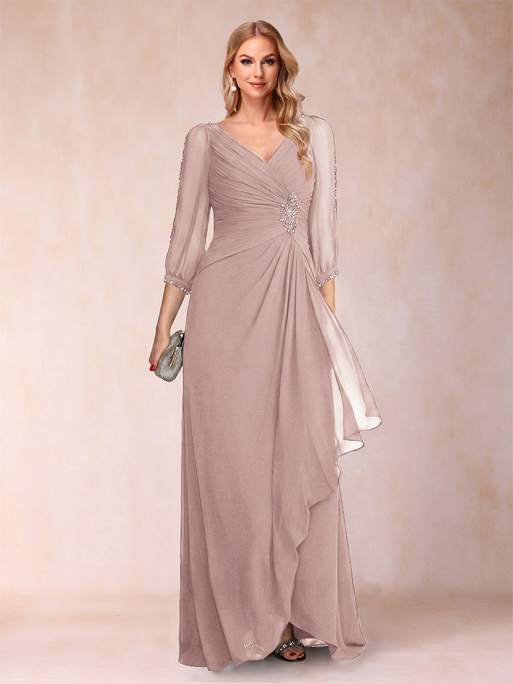 A-Line/Princess V-Neck 3/4 Sleeves Floor-Length Mother of the Bride Dresses with Ruched &amp; Beading