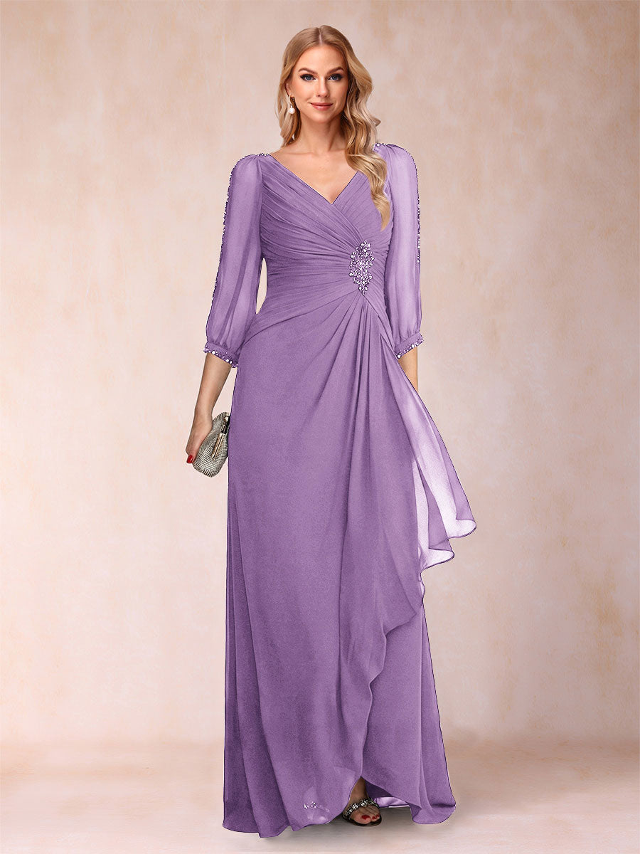 A-Line/Princess V-Neck 3/4 Sleeves Floor-Length Mother of the Bride Dresses with Ruched &amp; Beading